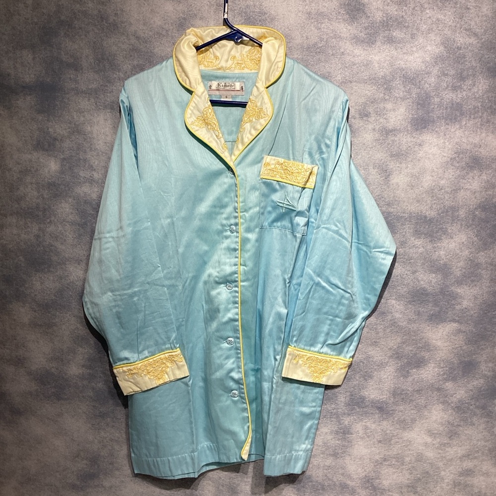 Fernando Sanchez Pajama Gown Aqua Satin Embroideredn 90s Vintage Kassatly Palm